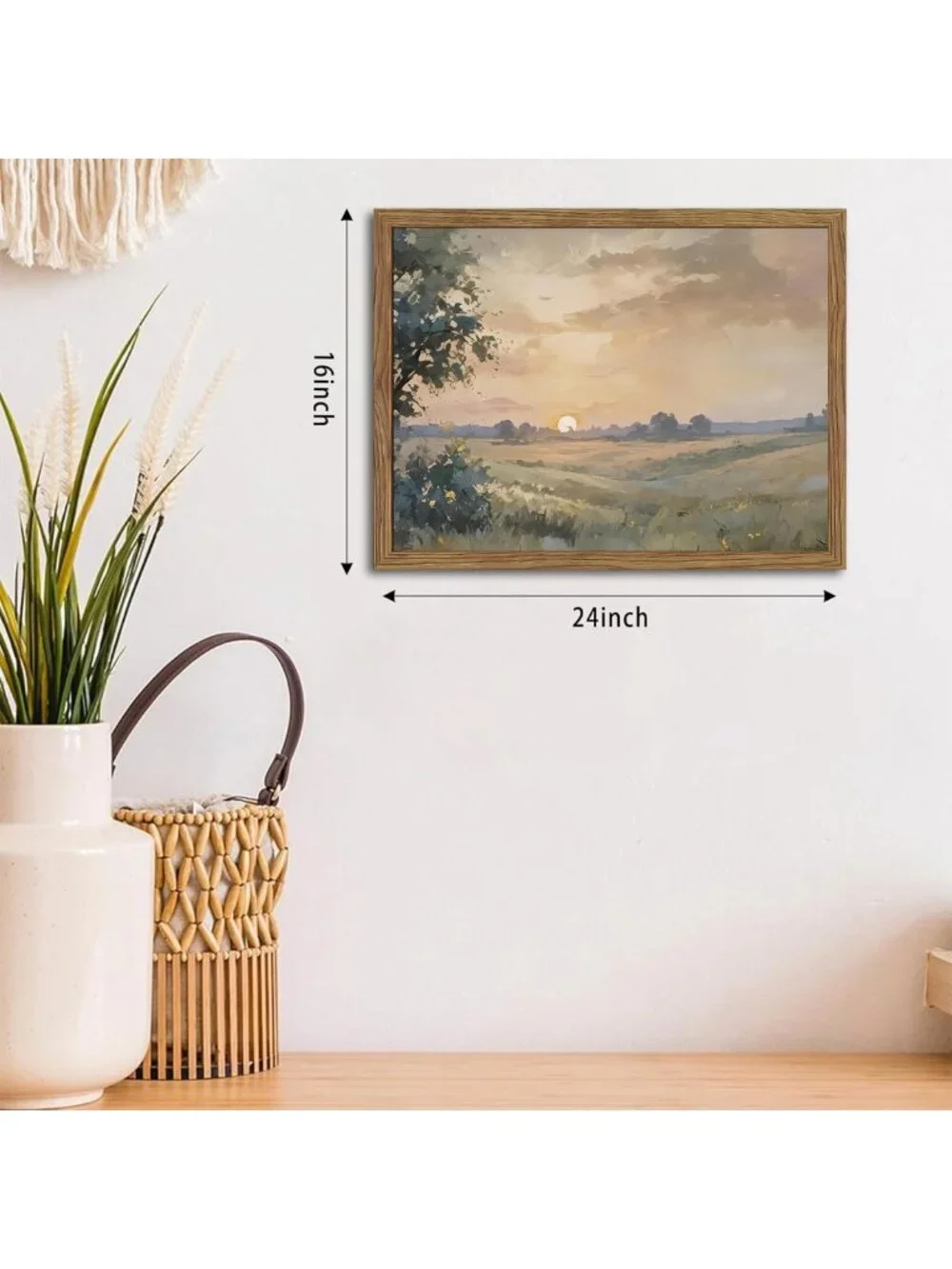 Vintage Wood Framed Fall Sunset Canvas Wall Art - Retro Farmhouse Decor 16x24